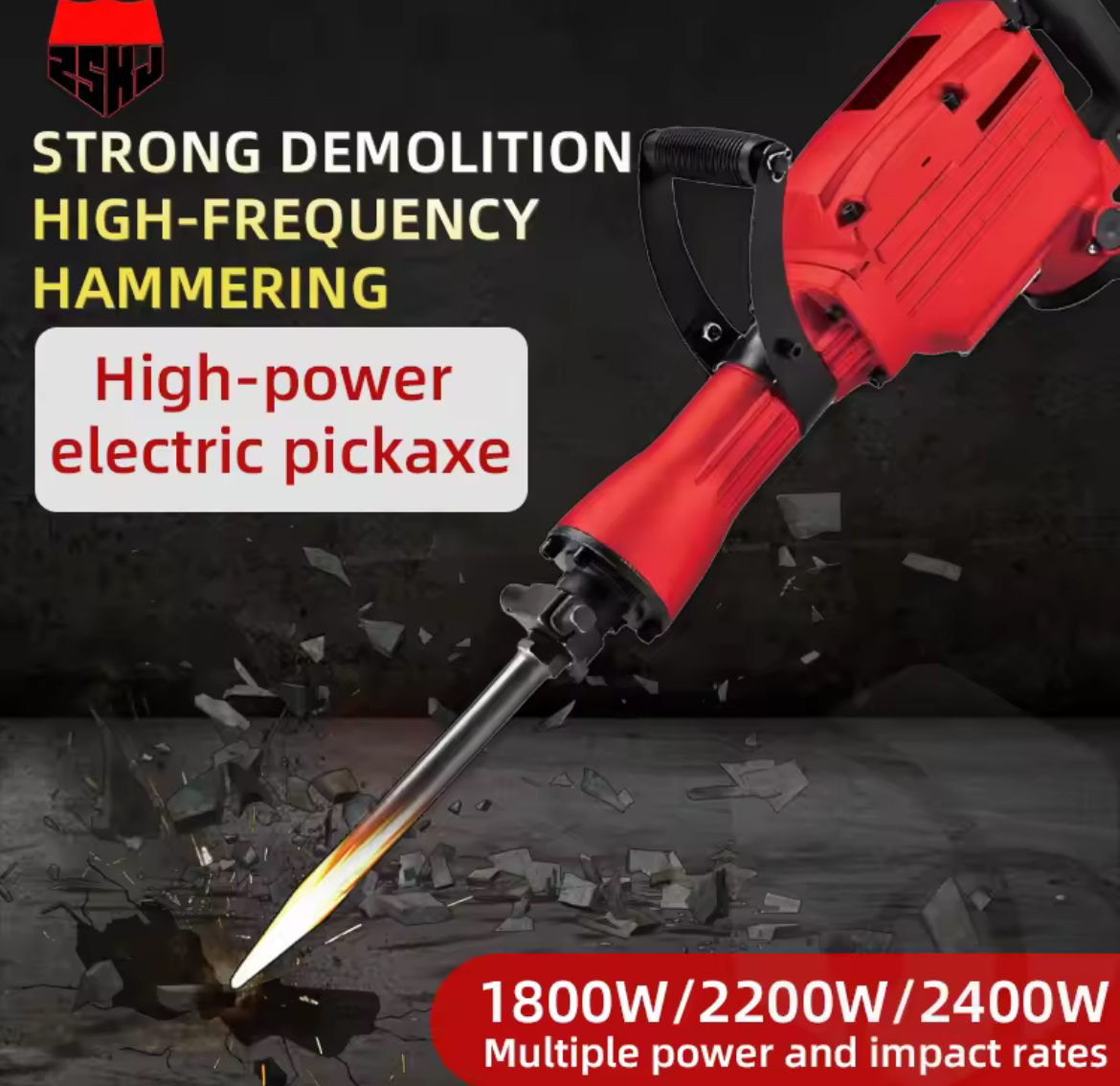 Marteau piqueur électrique 1800W – 1400r/min, kit complet avec burins, gants et accessoires