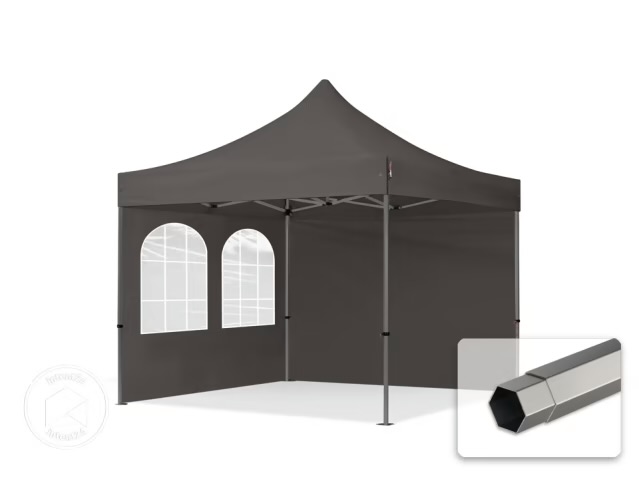 3x3 m Tonnelle pliante Acier, PES 750, côtés avec fenêtres, gris foncé